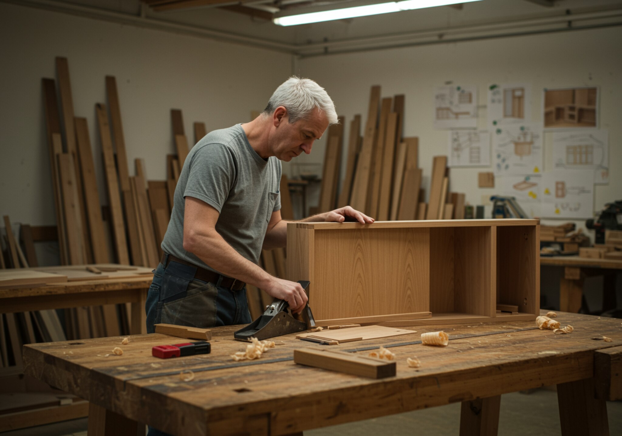 "Carpintero blanco trabajando meticulosamente en un taller contemporáneo, utilizando herramientas tradicionales y modernas para crear un gabinete personalizado, rodeado de paneles de madera natural y bocetos de diseño."