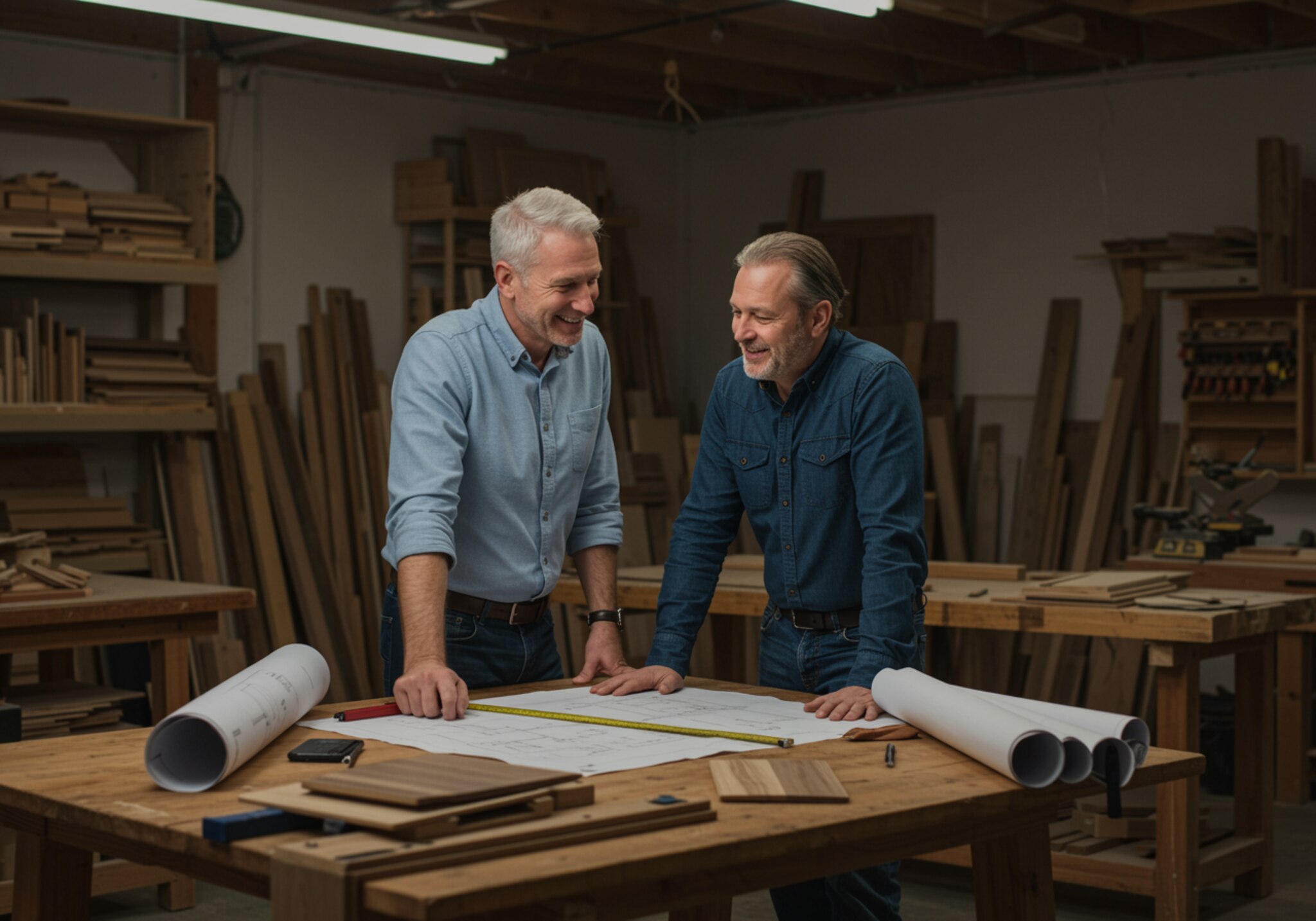 "Carpintero blanco y cliente discutiendo planes de muebles personalizados en un taller moderno, rodeados de muestras de madera y herramientas en un ambiente acogedor."